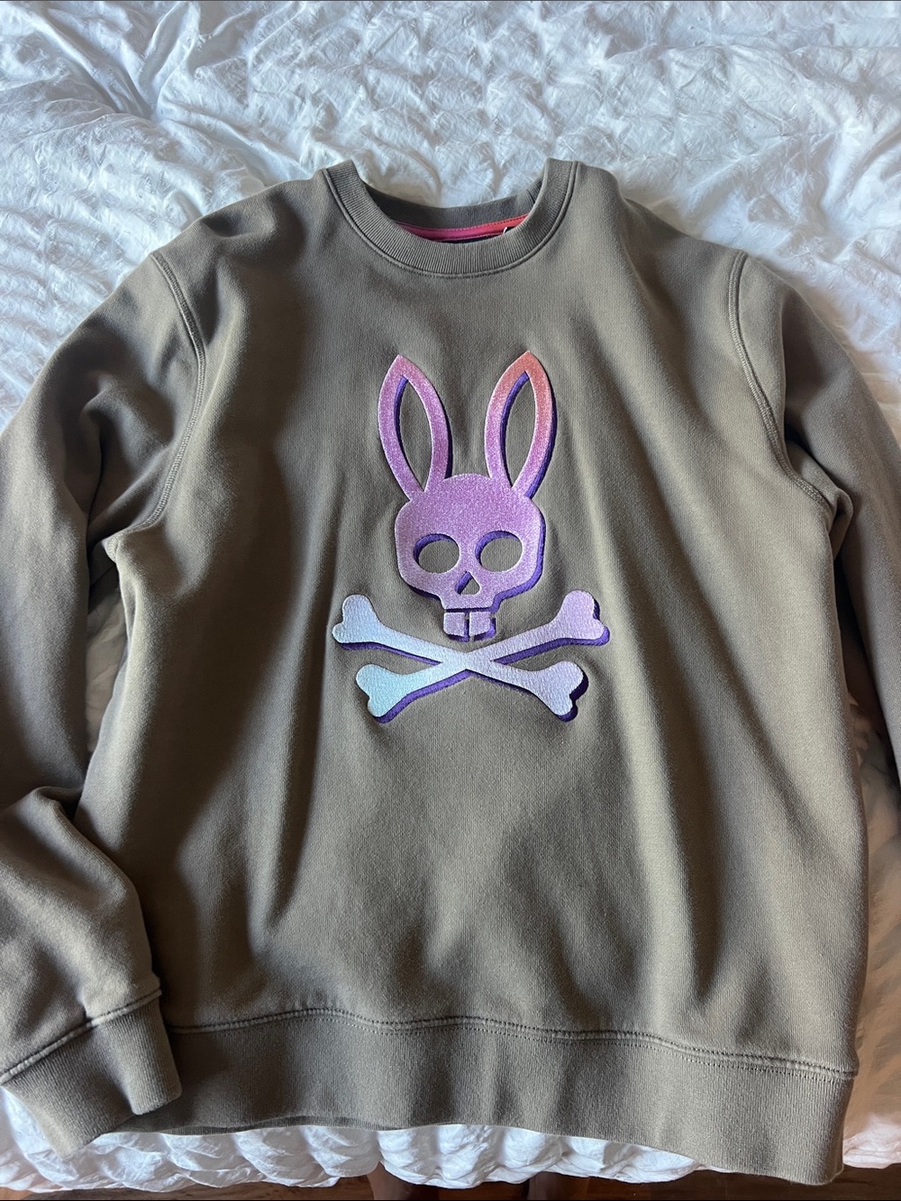 Psycho Bunny Olive Sweatshirt with Purple Ombre Bunny Skull